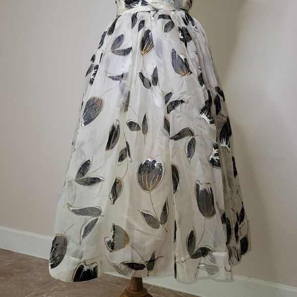 VINTAGE Clifton Wilhite Dallas Cream Floral Tea Length Dress Gown - sz. S - Picture 6 of 16